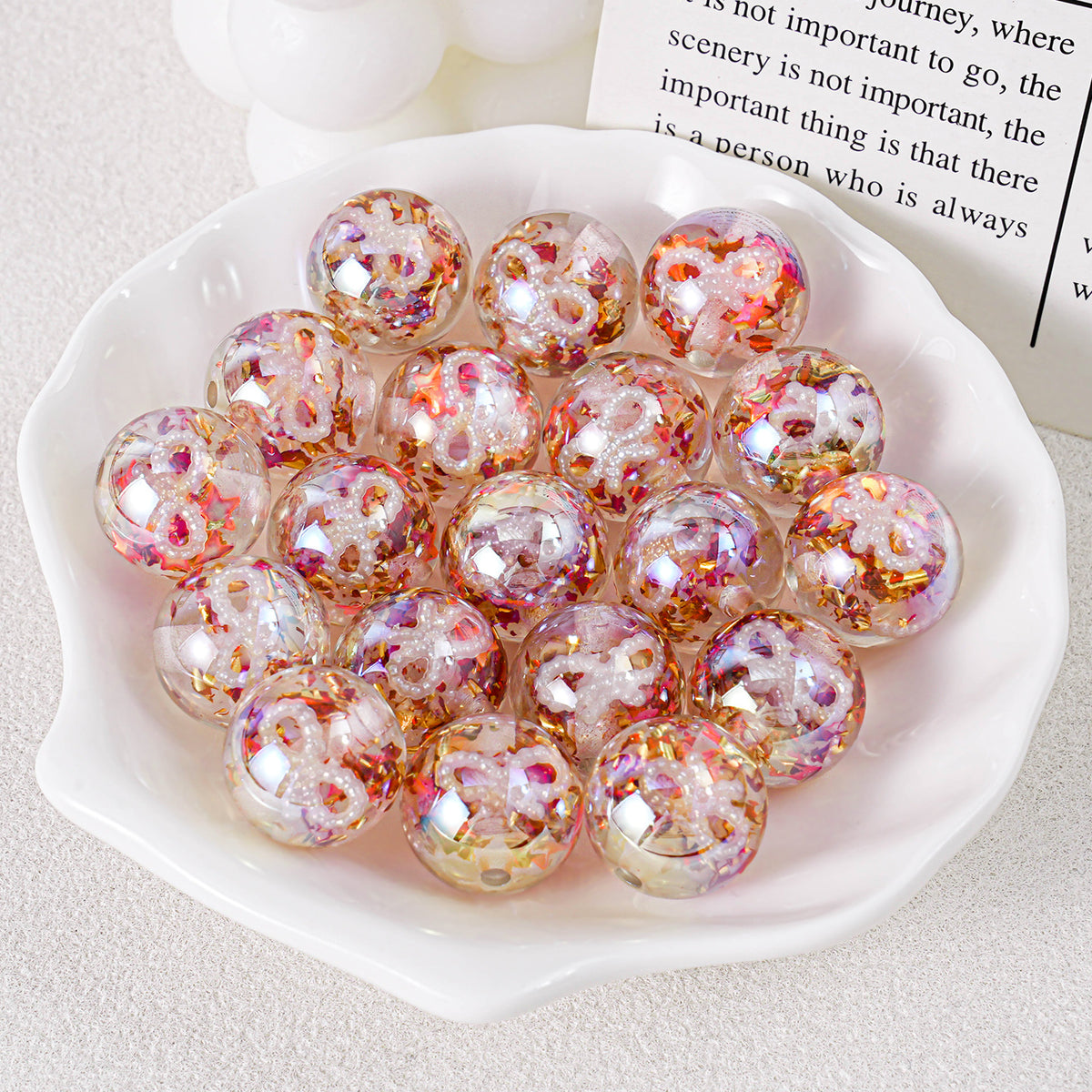 16mm Gold Foil Bow Acrylic Straight Hole Beaded | Acrylic Bead for DIY Bracelet Keychain Jewelry Making