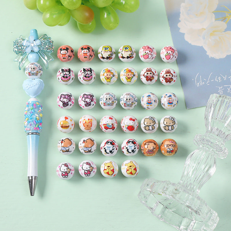 New 16mm Acrylic Straight Hole Beads with Various Cartoon Prints | Acrylic Bead for DIY Bracelet Keychain Jewelry Making