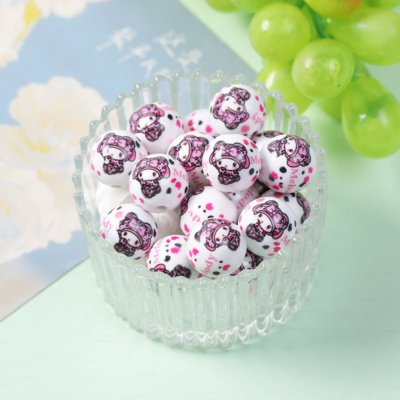 New 16mm Acrylic Straight Hole Beads with Various Cartoon Prints