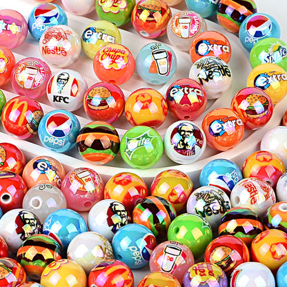 16mm New UV-coated Acrylic Straight Hole Beads with Hamburger and Cola Prints