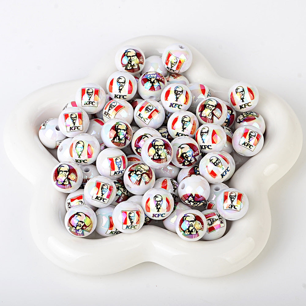 16mm New UV-coated Acrylic Straight Hole Beads with Hamburger and Cola Prints