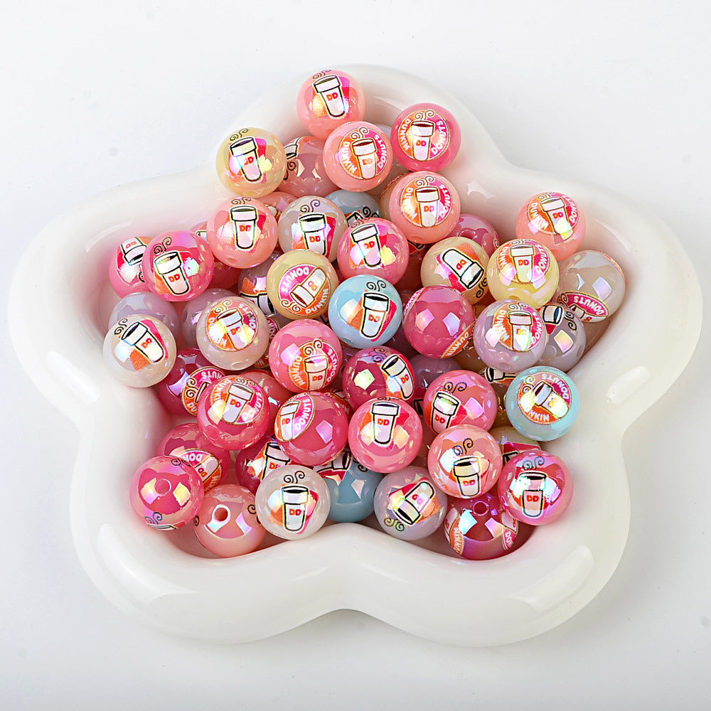 16mm New UV-coated Acrylic Straight Hole Beads with Hamburger and Cola Prints
