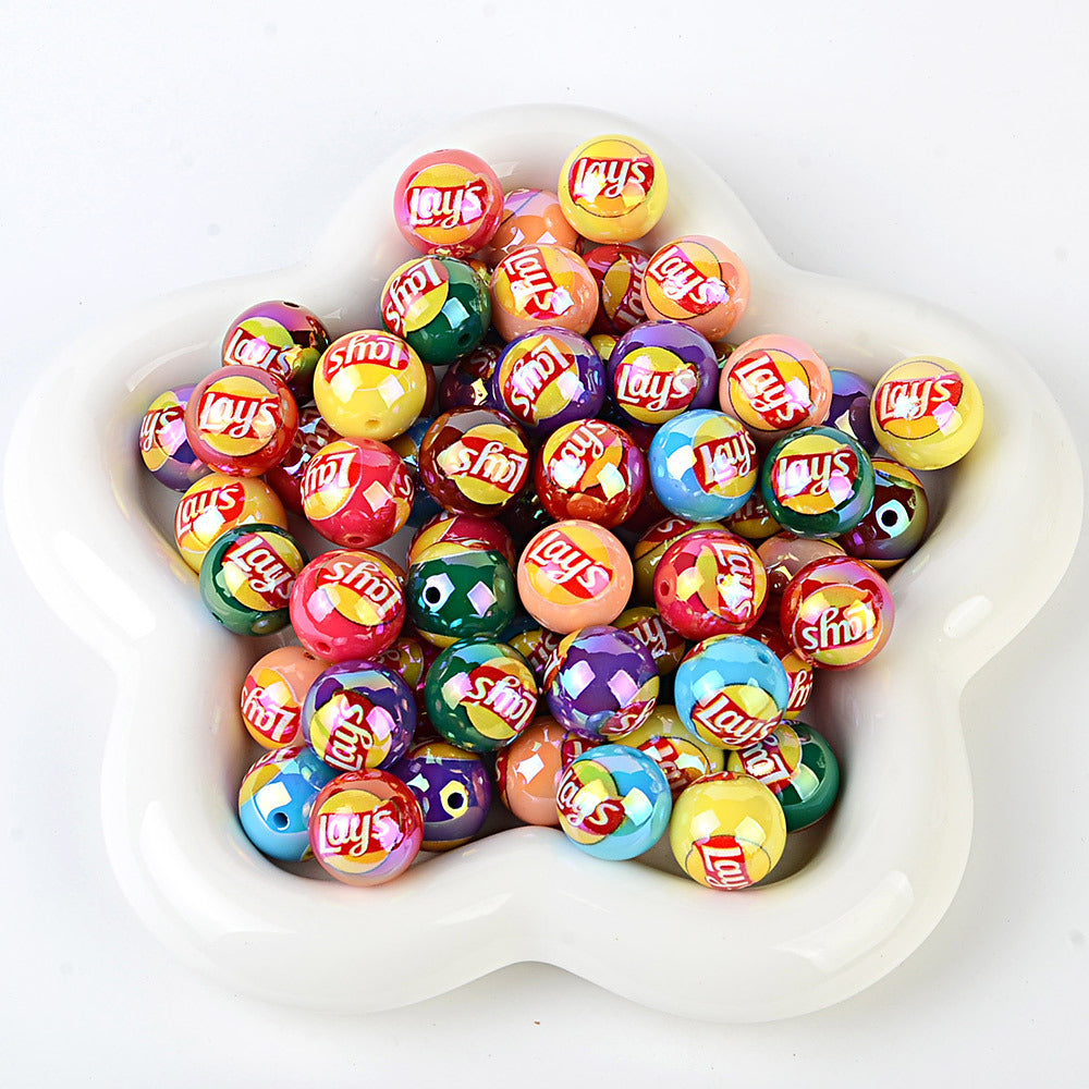 16mm New UV-coated Acrylic Straight Hole Beads with Hamburger and Cola Prints