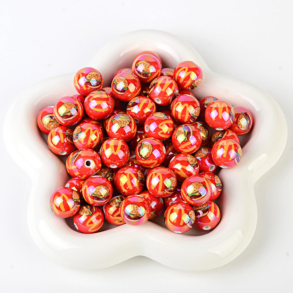 16mm New UV-coated Acrylic Straight Hole Beads with Hamburger and Cola Prints