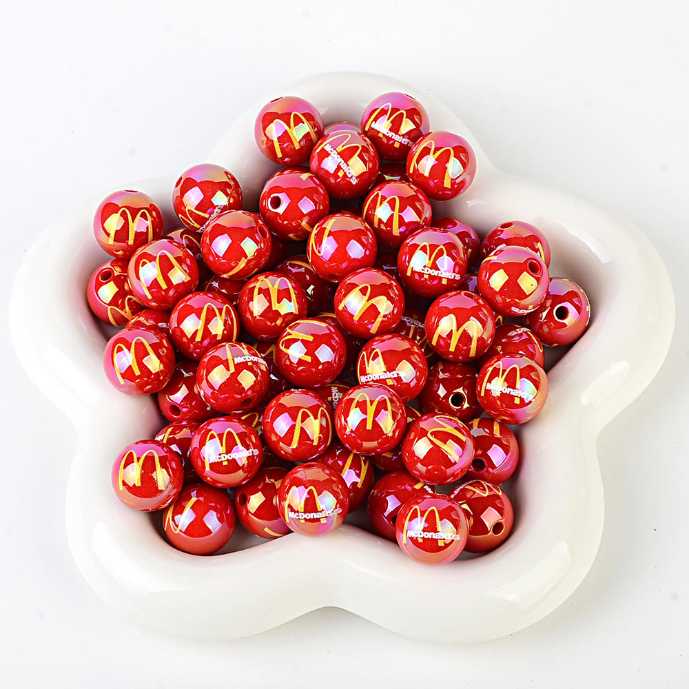 16mm New UV-coated Acrylic Straight Hole Beads with Hamburger and Cola Prints