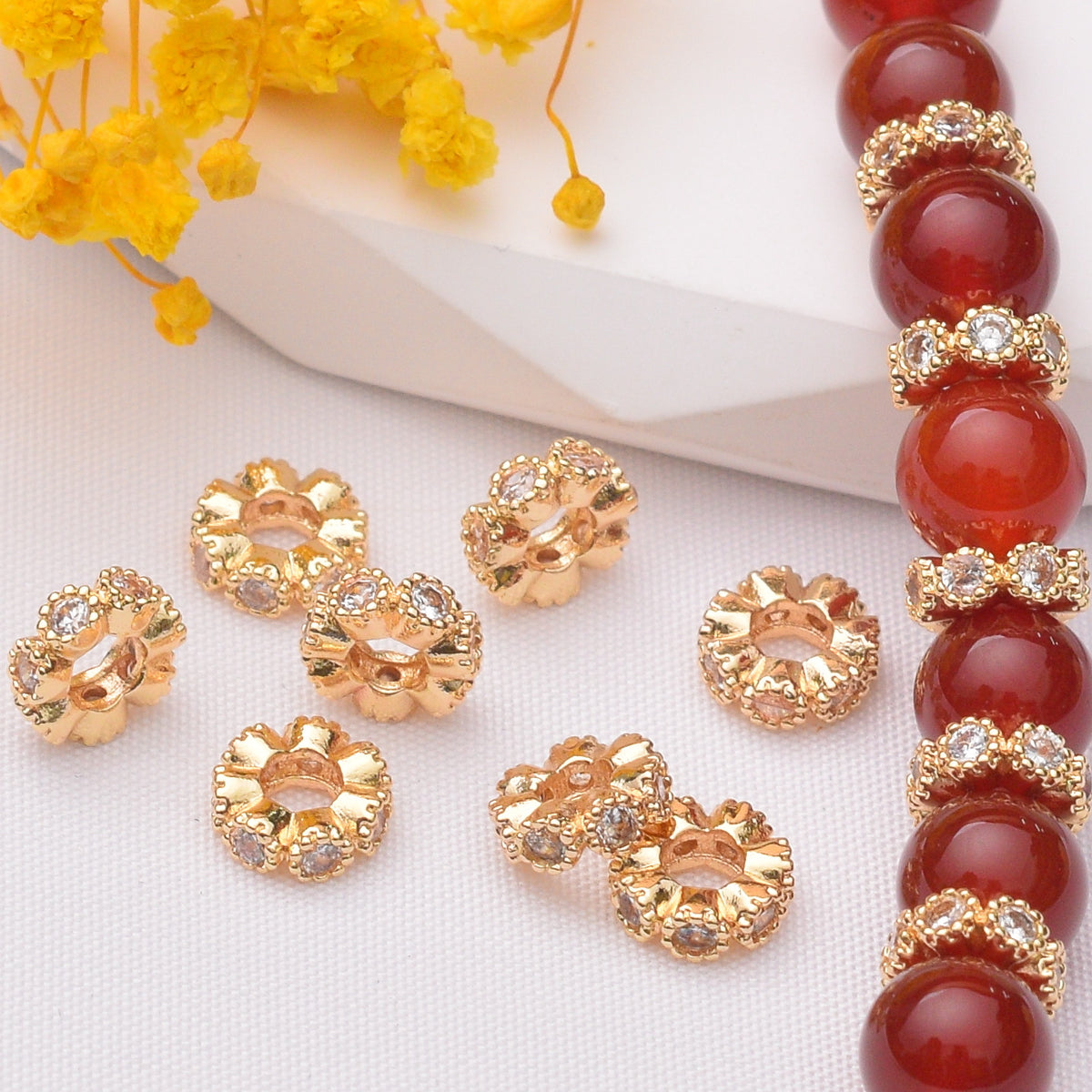 10MM Gold Spacer Beads with Large Holes and Inlaid with Dazzling | Metal Rhinestone Bead for DIY Jewelry & Bracelet Craft