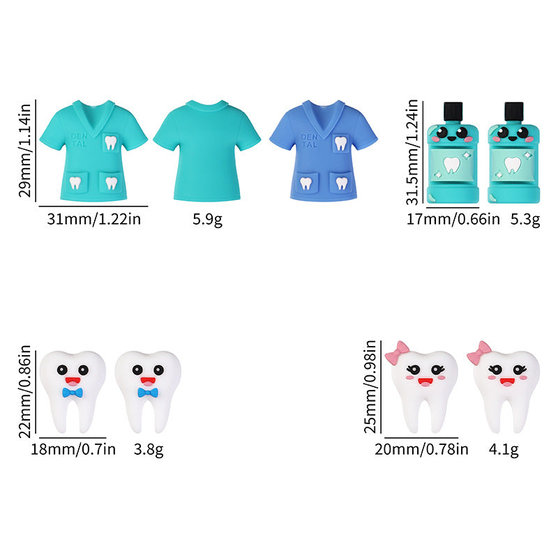 Dental Theme Silicone Focal Beads - Cute Tooth & Scrub Suit Beads for | Silicone Focal Bead for DIY Keychain & Pen Wrap