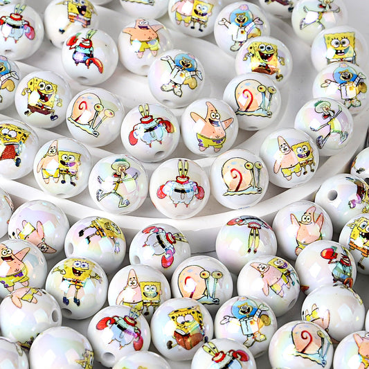 Cartoon Sponge & Friends AB Acrylic Round Beads - 16mm Shimmering | Acrylic Bead for DIY Bracelet Keychain Jewelry Making