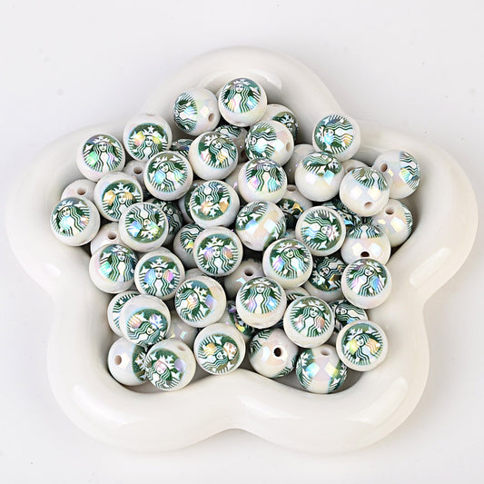 16mm Green Siren Coffee Theme AB Acrylic Beads - Shimmering Pearl | Acrylic Bead for DIY Bracelet Keychain Jewelry Making