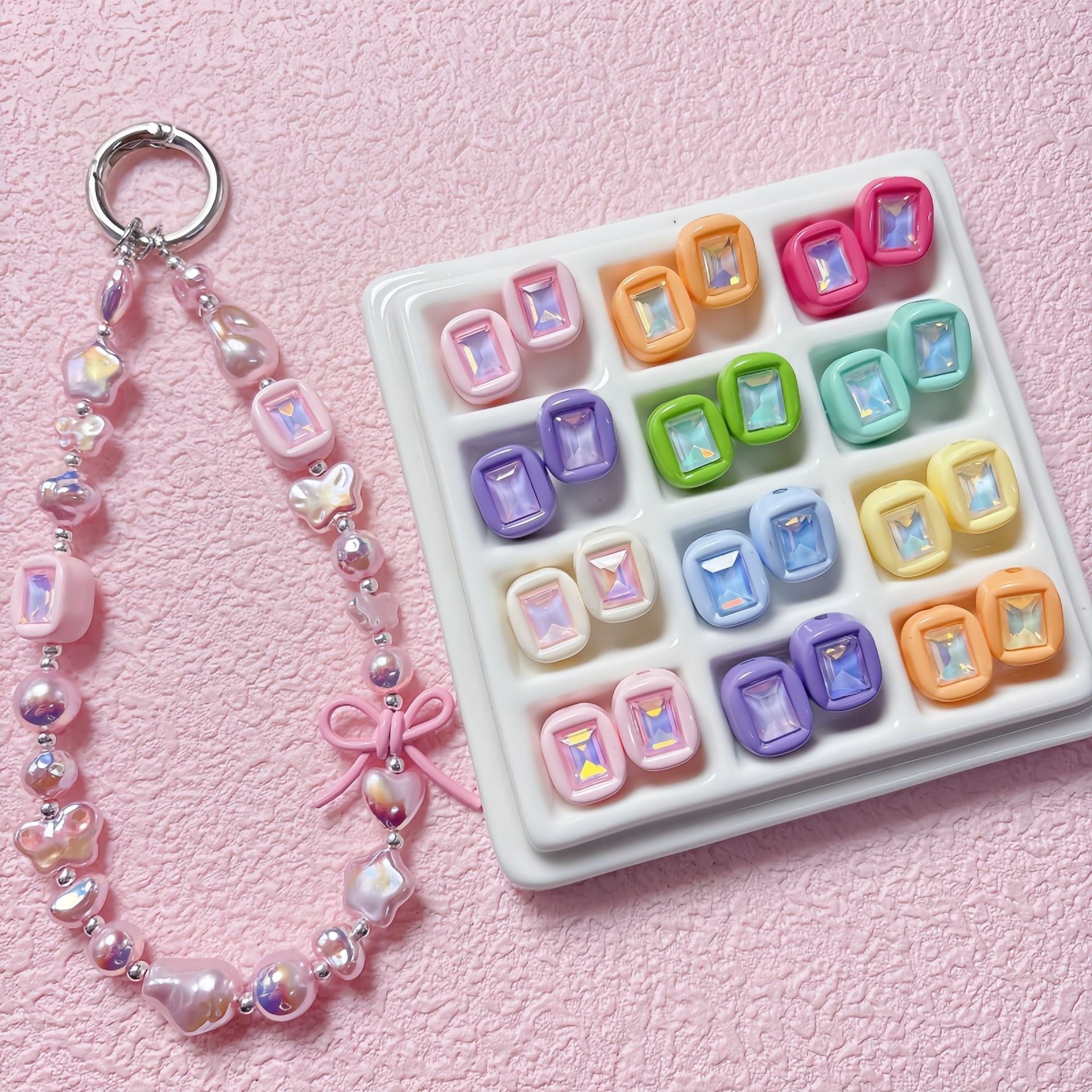 11x14mm Macaron Square Beads with Gem Inlay - Shimmering AB | Acrylic Bead for DIY Bracelet Keychain Jewelry Making