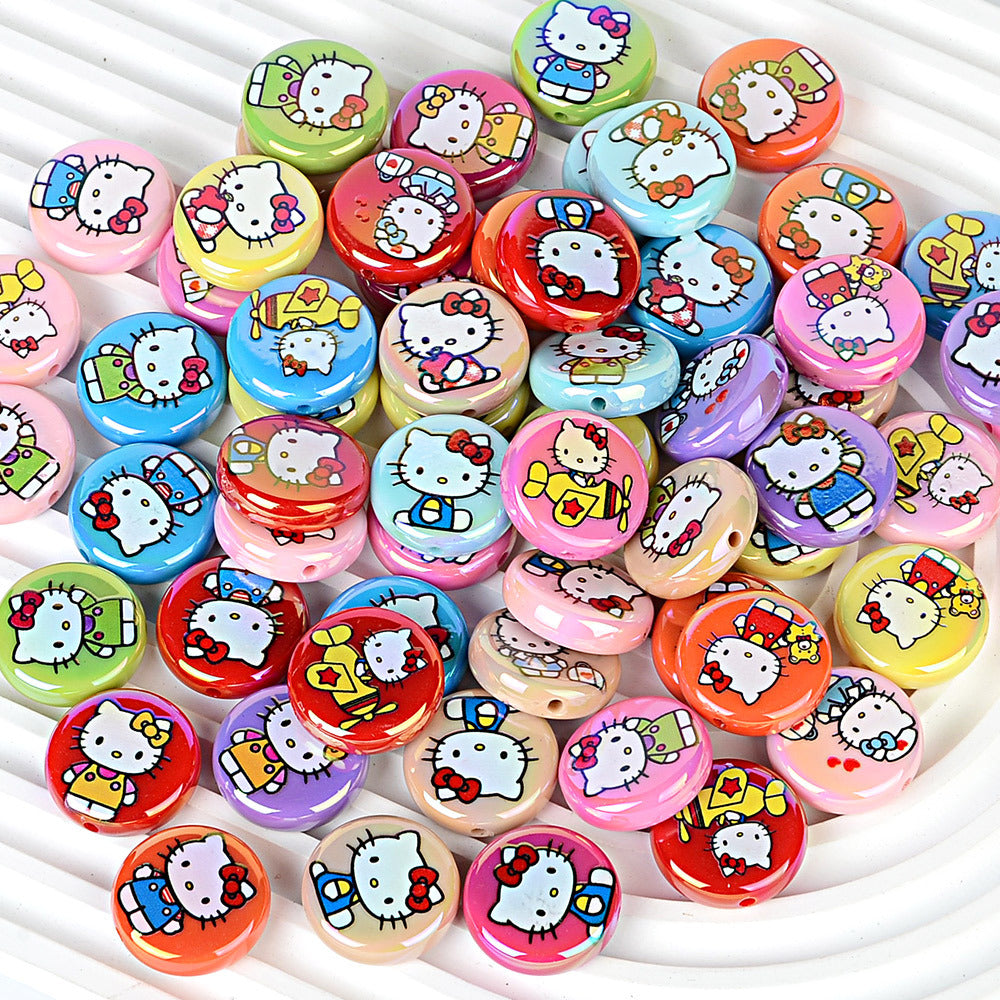 24mm Hello Kitty Iridescent Focal Beads, Flat Round Cartoon Acrylic | Acrylic Bead for DIY Bracelet Keychain Jewelry Making