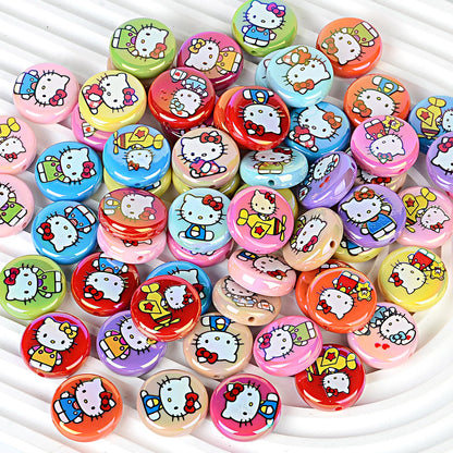 24mm Hello Kitty Iridescent Focal Beads, Flat Round Cartoon Acrylic | Acrylic Bead for DIY Bracelet Keychain Jewelry Making