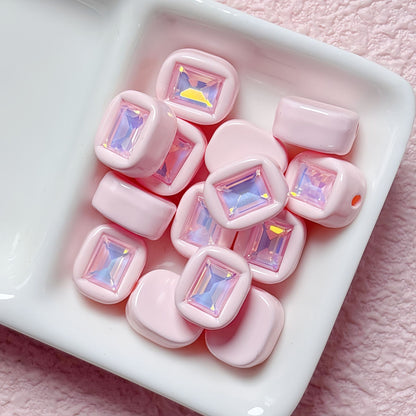 11x14mm Macaron Square Beads with Gem Inlay - Shimmering AB | Acrylic Bead for DIY Bracelet Keychain Jewelry Making