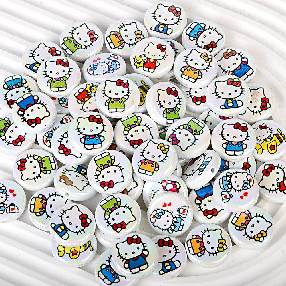 24mm Hello Kitty Iridescent Focal Beads, Flat Round Cartoon Acrylic | Acrylic Bead for DIY Bracelet Keychain Jewelry Making