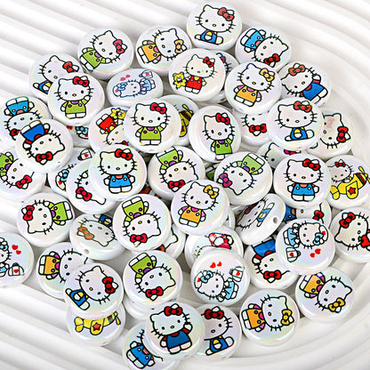 24mm Hello Kitty Iridescent Focal Beads, Flat Round Cartoon Acrylic | Acrylic Bead for DIY Bracelet Keychain Jewelry Making