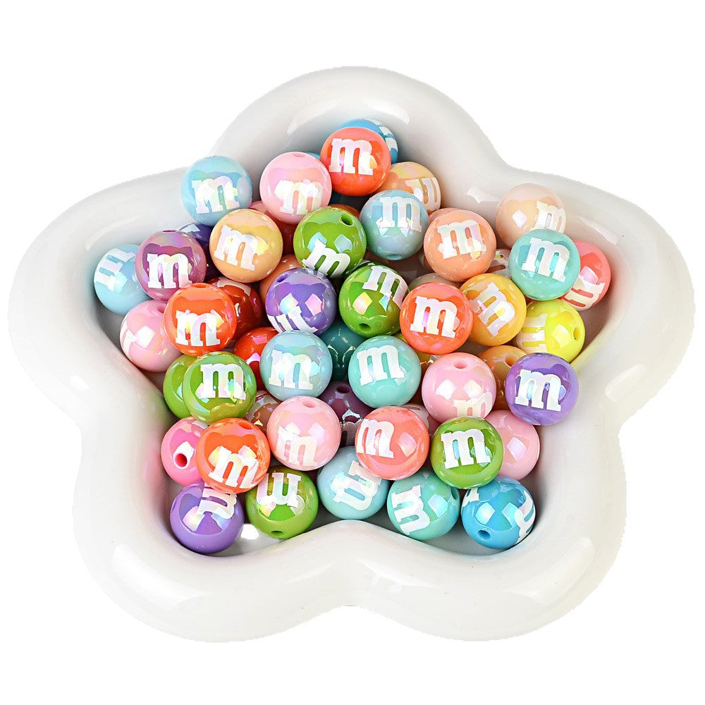 16mm M Candy Letter Beads - Shimmering AB Iridescent Colorful Round | Acrylic Bead for DIY Bracelet Keychain Jewelry Making