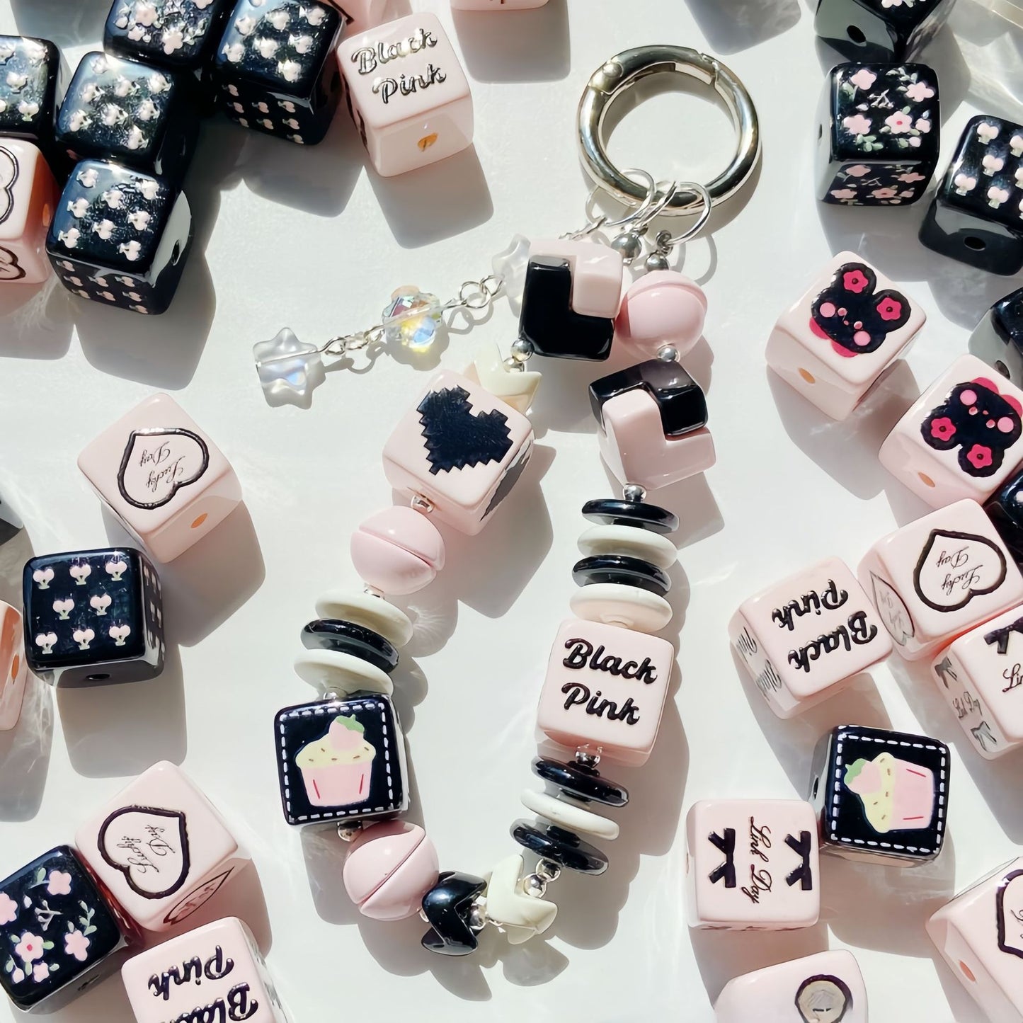 14mm Black Pink Theme Cube Beads - Shimmering AB Iridescent 14x14mm | Acrylic Bead for DIY Bracelet Keychain Jewelry Making