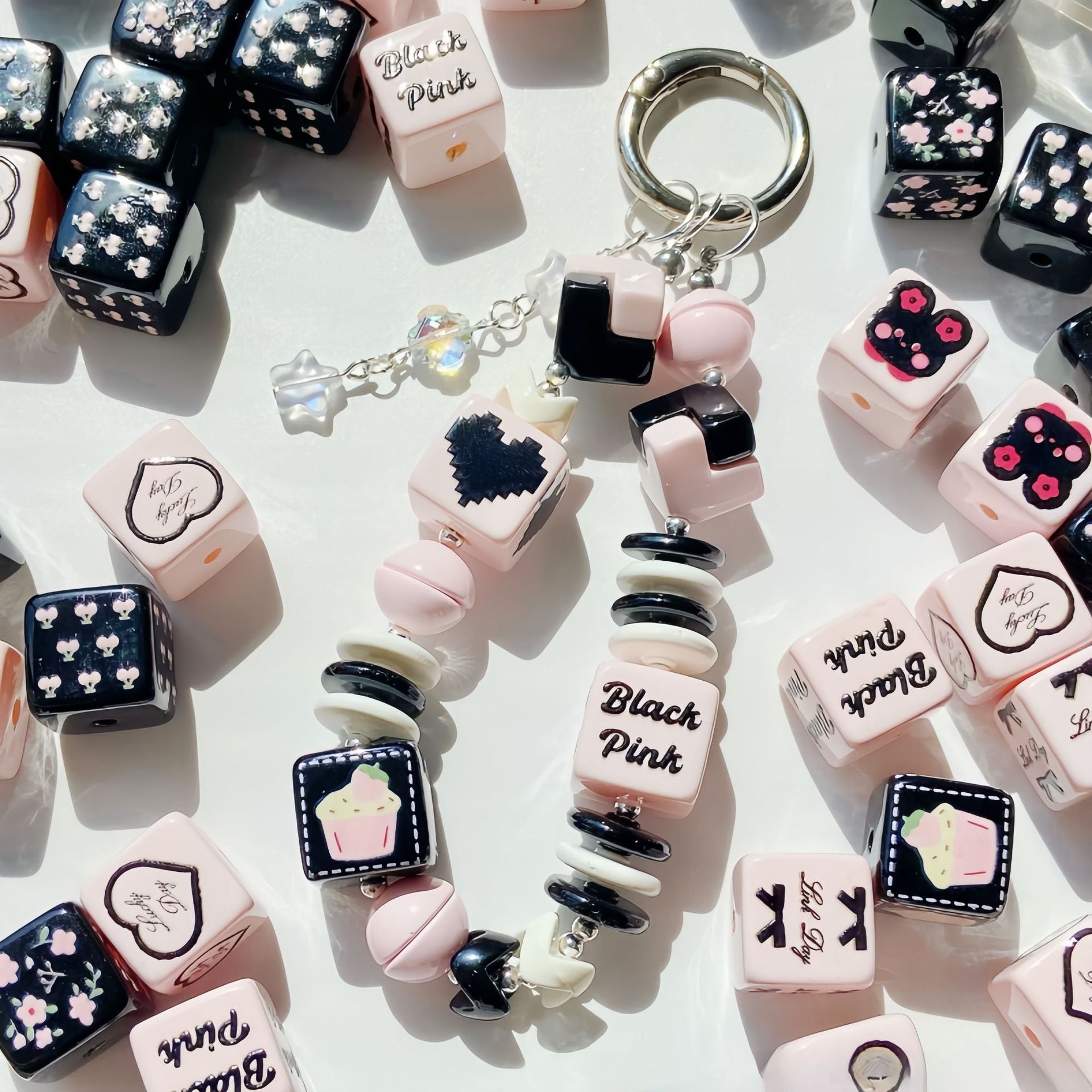 14mm Black Pink Theme Cube Beads - Shimmering AB Iridescent 14x14mm | Acrylic Bead for DIY Bracelet Keychain Jewelry Making