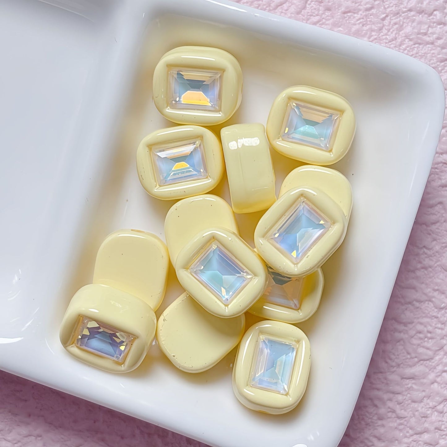 11x14mm Macaron Square Beads with Gem Inlay - Shimmering AB | Acrylic Bead for DIY Bracelet Keychain Jewelry Making