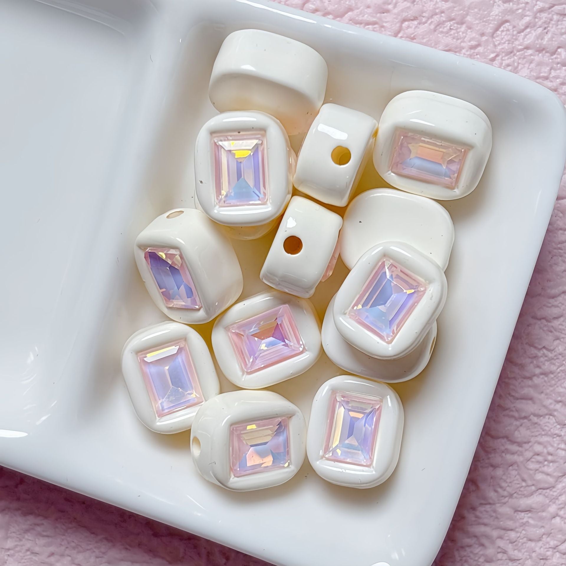 11x14mm Macaron Square Beads with Gem Inlay - Shimmering AB | Acrylic Bead for DIY Bracelet Keychain Jewelry Making