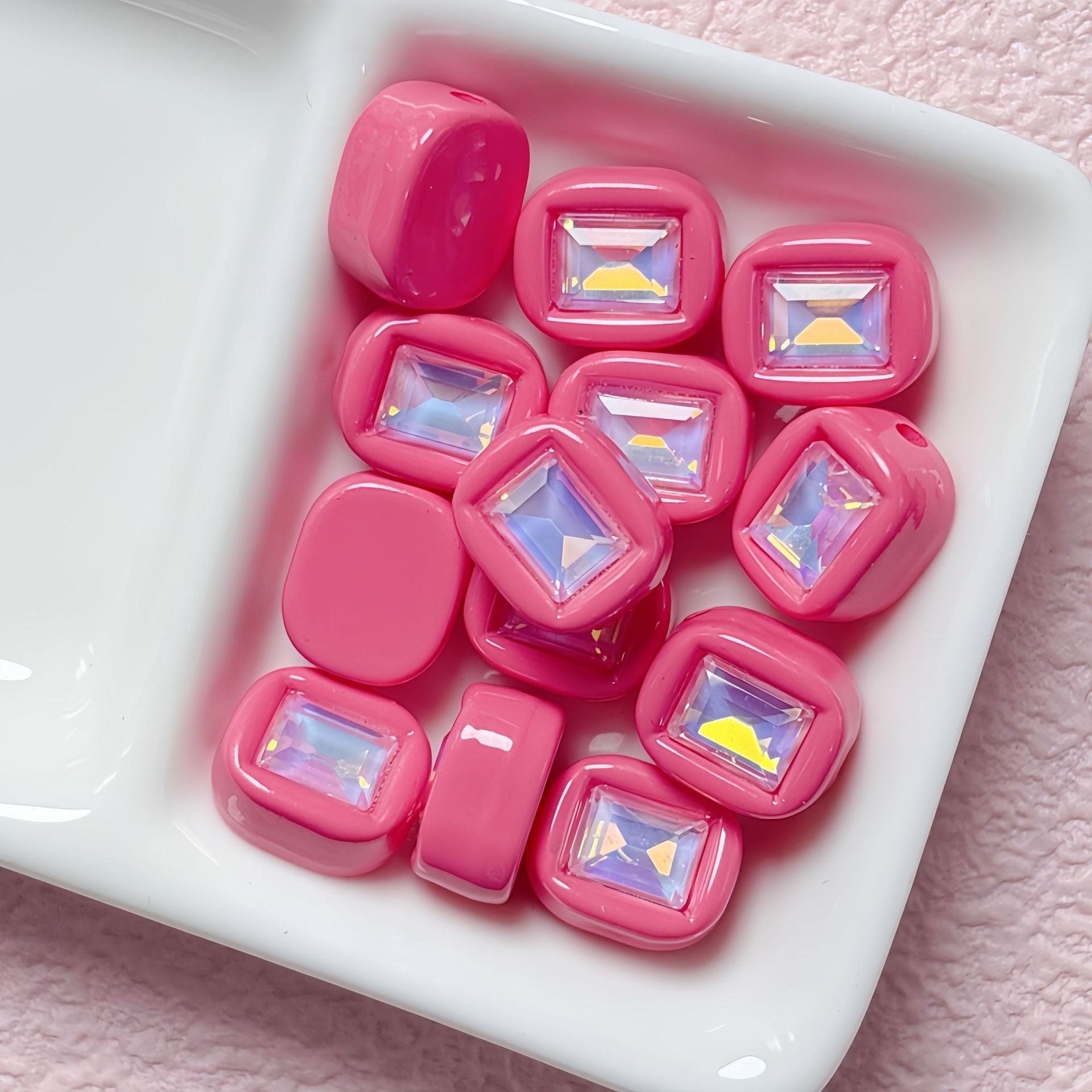 11x14mm Macaron Square Beads with Gem Inlay - Shimmering AB | Acrylic Bead for DIY Bracelet Keychain Jewelry Making