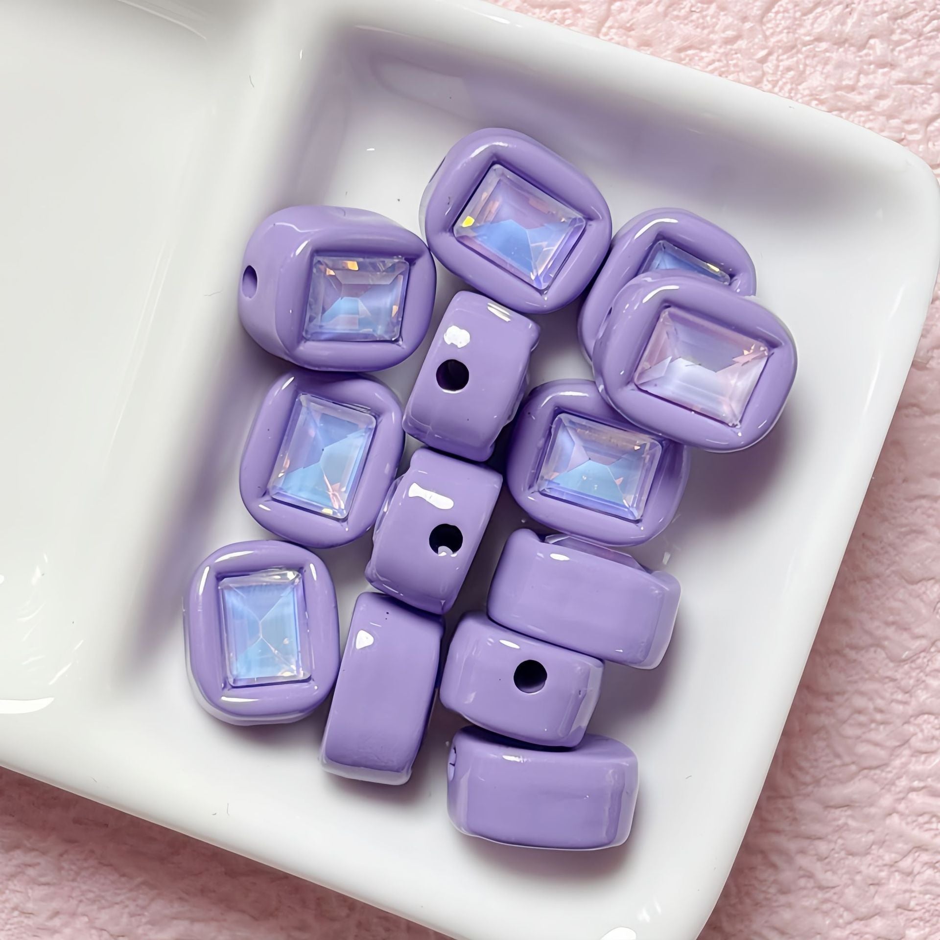 11x14mm Macaron Square Beads with Gem Inlay - Shimmering AB | Acrylic Bead for DIY Bracelet Keychain Jewelry Making