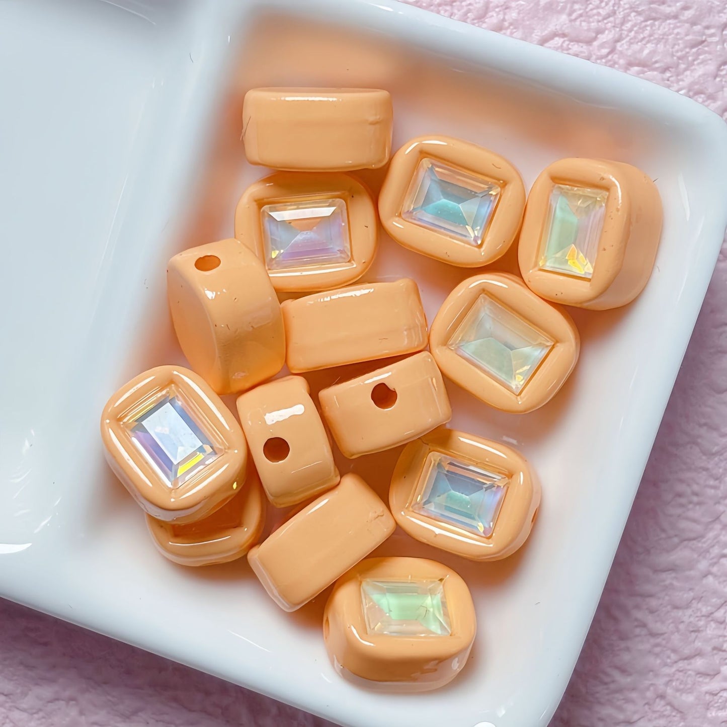 11x14mm Macaron Square Beads with Gem Inlay - Shimmering AB | Acrylic Bead for DIY Bracelet Keychain Jewelry Making