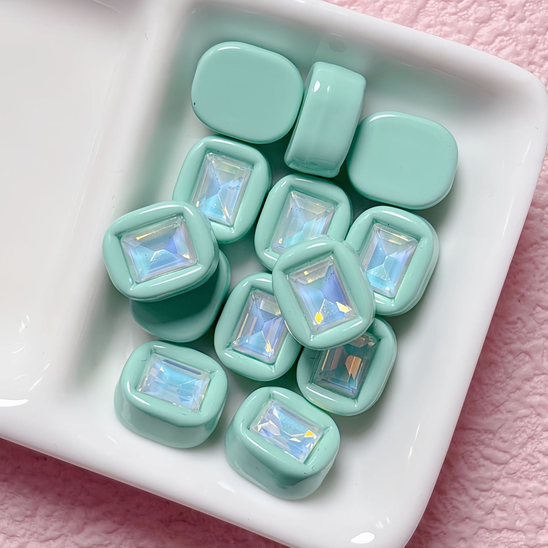 11x14mm Macaron Square Beads with Gem Inlay - Shimmering AB | Acrylic Bead for DIY Bracelet Keychain Jewelry Making