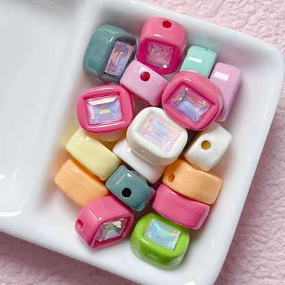 11x14mm Macaron Square Beads with Gem Inlay - Shimmering AB | Acrylic Bead for DIY Bracelet Keychain Jewelry Making