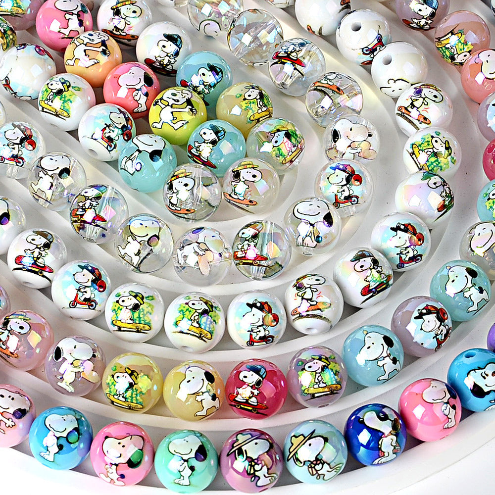 16mm Cute Snoopy Dog Acrylic Beads, AB Iridescent Finish Round | Acrylic Bead for DIY Bracelet Keychain Jewelry Making