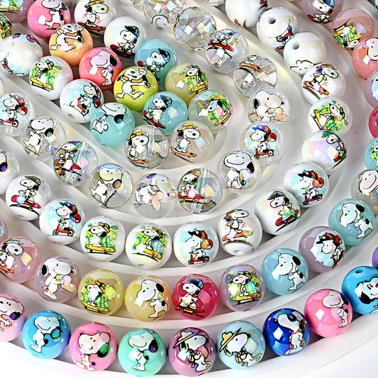 16mm Cute Snoopy Dog Acrylic Beads, AB Iridescent Finish Round | Acrylic Bead for DIY Bracelet Keychain Jewelry Making