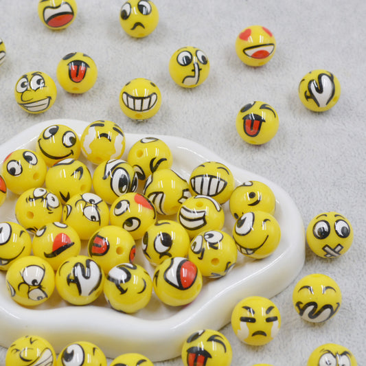 16mm Yellow Emoji Acrylic Round Beads for Beadable Pens, DIY | Acrylic Bead for DIY Bracelet Keychain Jewelry Making