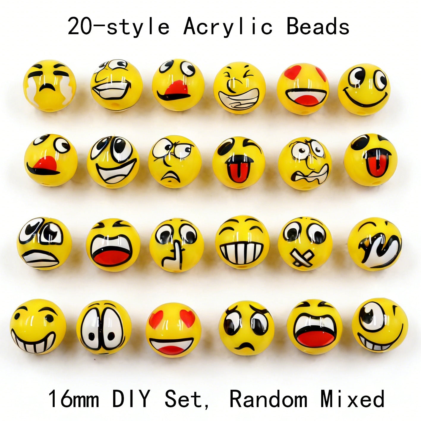 16mm Yellow Emoji Acrylic Round Beads for Beadable Pens, DIY | Acrylic Bead for DIY Bracelet Keychain Jewelry Making