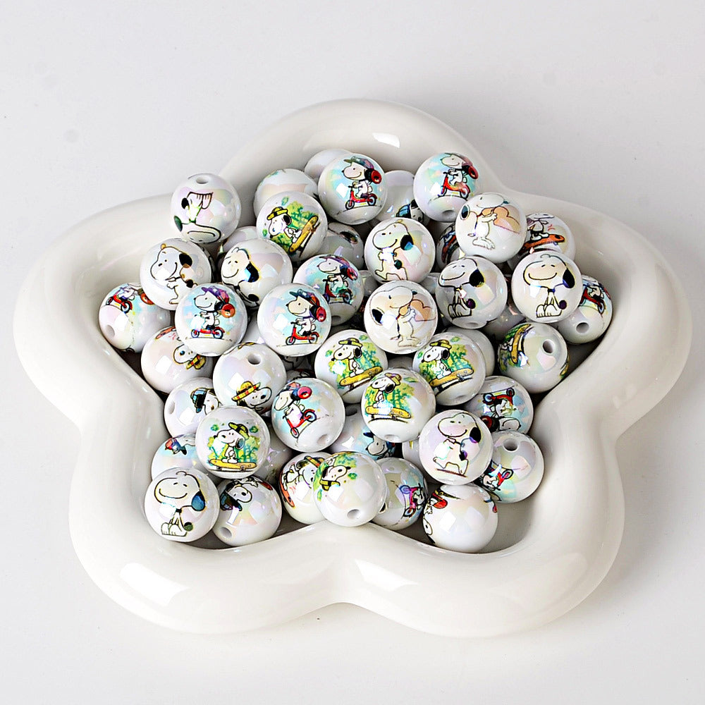 16mm Cute Snoopy Dog Acrylic Beads, AB Iridescent Finish Round | Acrylic Bead for DIY Bracelet Keychain Jewelry Making