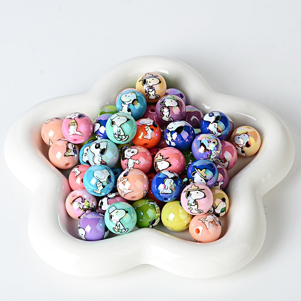 16mm Cute Snoopy Dog Acrylic Beads, AB Iridescent Finish Round | Acrylic Bead for DIY Bracelet Keychain Jewelry Making