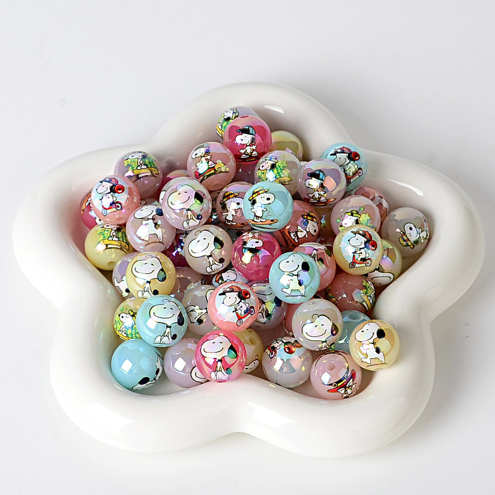 16mm Cute Snoopy Dog Acrylic Beads, AB Iridescent Finish Round | Acrylic Bead for DIY Bracelet Keychain Jewelry Making