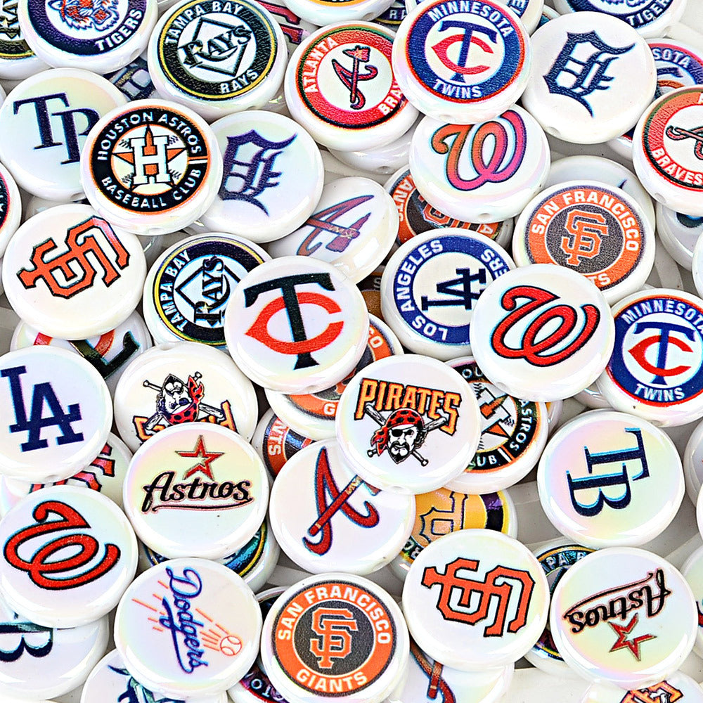 Large 24mm Baseball Team Logo Flat Round Beads - Iridescent AB Finish Coin | DIY Sports Fan Bracelet & Keychain Craft Bead