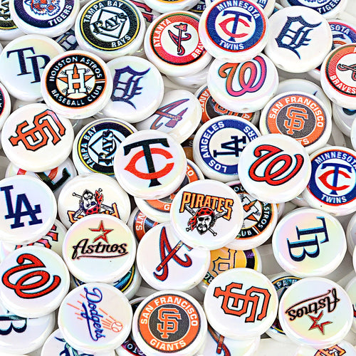 Large 24mm Baseball Team Logo Flat Round Beads - Iridescent AB Finish Coin | DIY Sports Fan Bracelet & Keychain Craft Bead