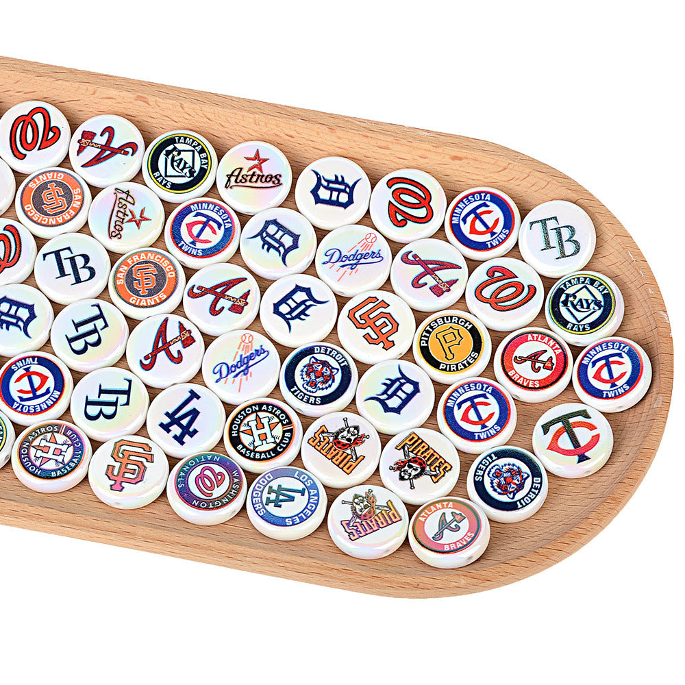 Large 24mm Baseball Team Logo Flat Round Beads - Iridescent AB Finish Coin | DIY Sports Fan Bracelet & Keychain Craft Bead