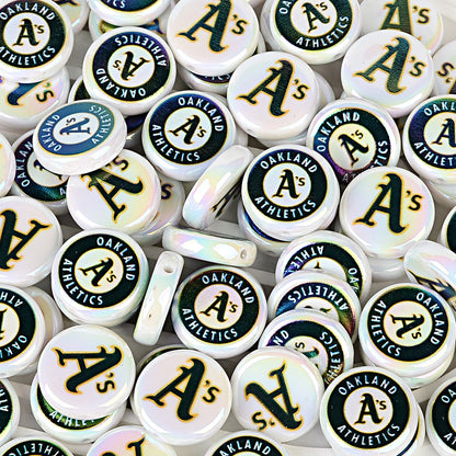 Large 24mm Baseball Team Logo Flat Round Beads - Iridescent AB Finish Coin | DIY Sports Fan Bracelet & Keychain Craft Bead