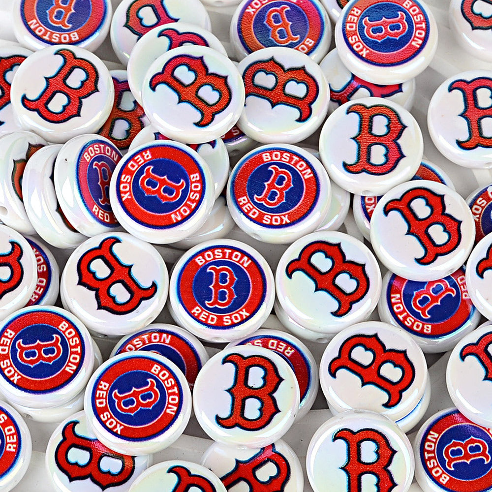 Large 24mm Baseball Team Logo Flat Round Beads - Iridescent AB Finish Coin | DIY Sports Fan Bracelet & Keychain Craft Bead