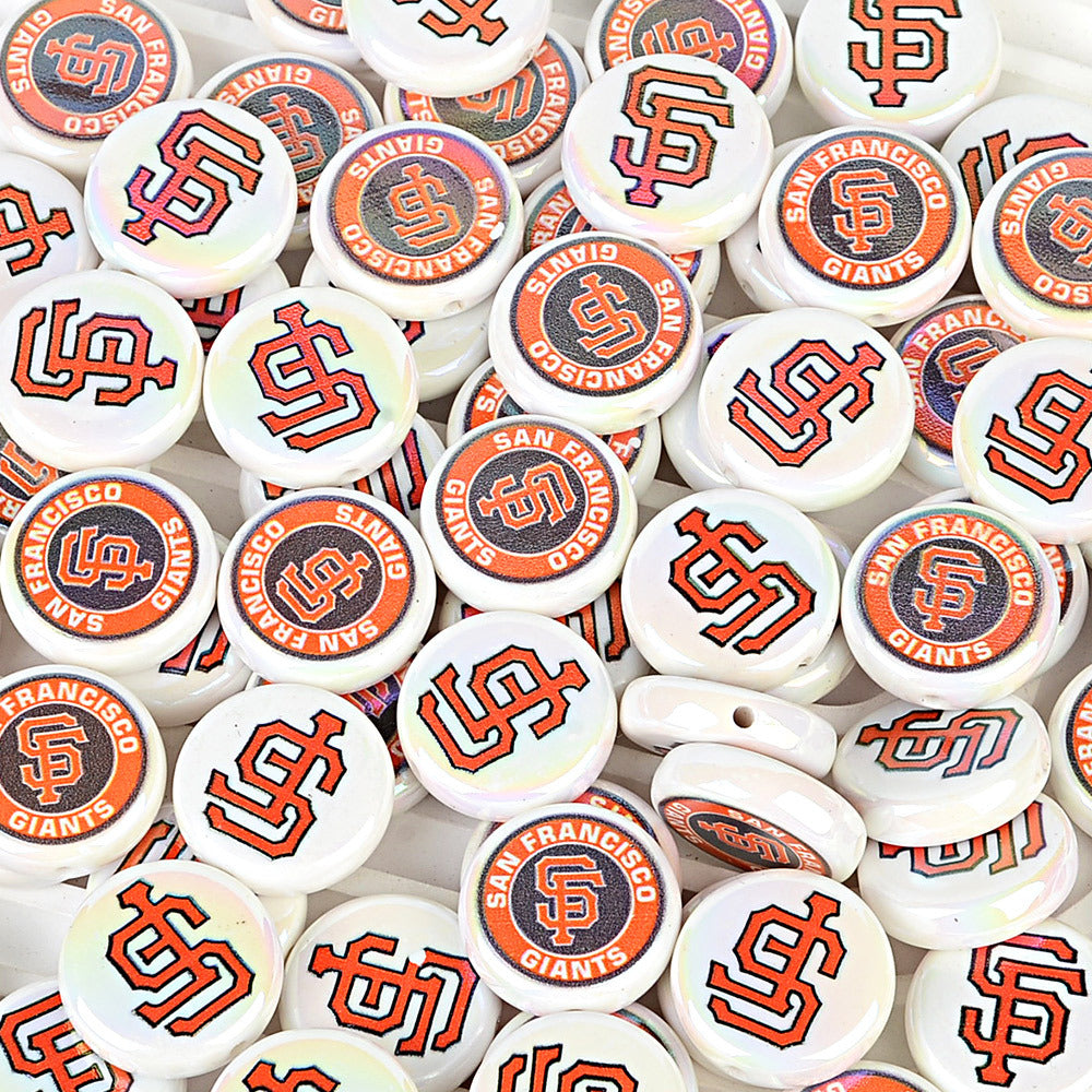 Large 24mm Baseball Team Logo Flat Round Beads - Iridescent AB Finish Coin | DIY Sports Fan Bracelet & Keychain Craft Bead