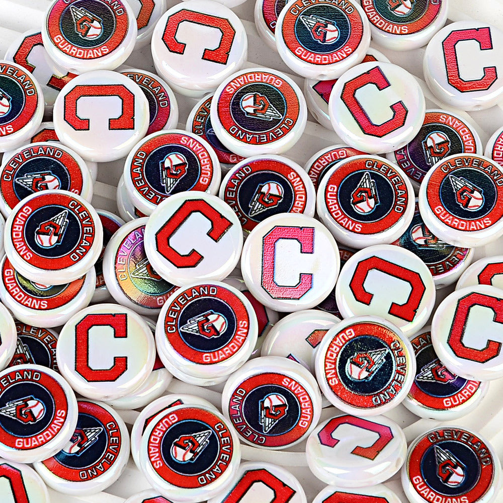 Large 24mm Baseball Team Logo Flat Round Beads - Iridescent AB Finish Coin | DIY Sports Fan Bracelet & Keychain Craft Bead