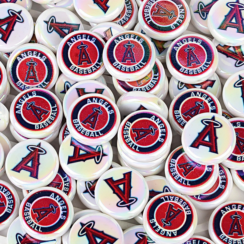 Large 24mm Baseball Team Logo Flat Round Beads - Iridescent AB Finish Coin | DIY Sports Fan Bracelet & Keychain Craft Bead