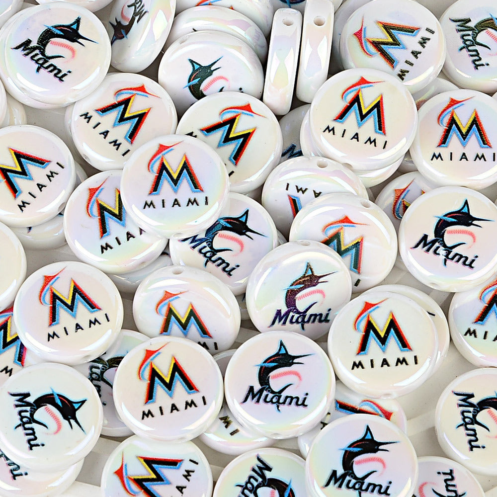 Large 24mm Baseball Team Logo Flat Round Beads - Iridescent AB Finish Coin | DIY Sports Fan Bracelet & Keychain Craft Bead