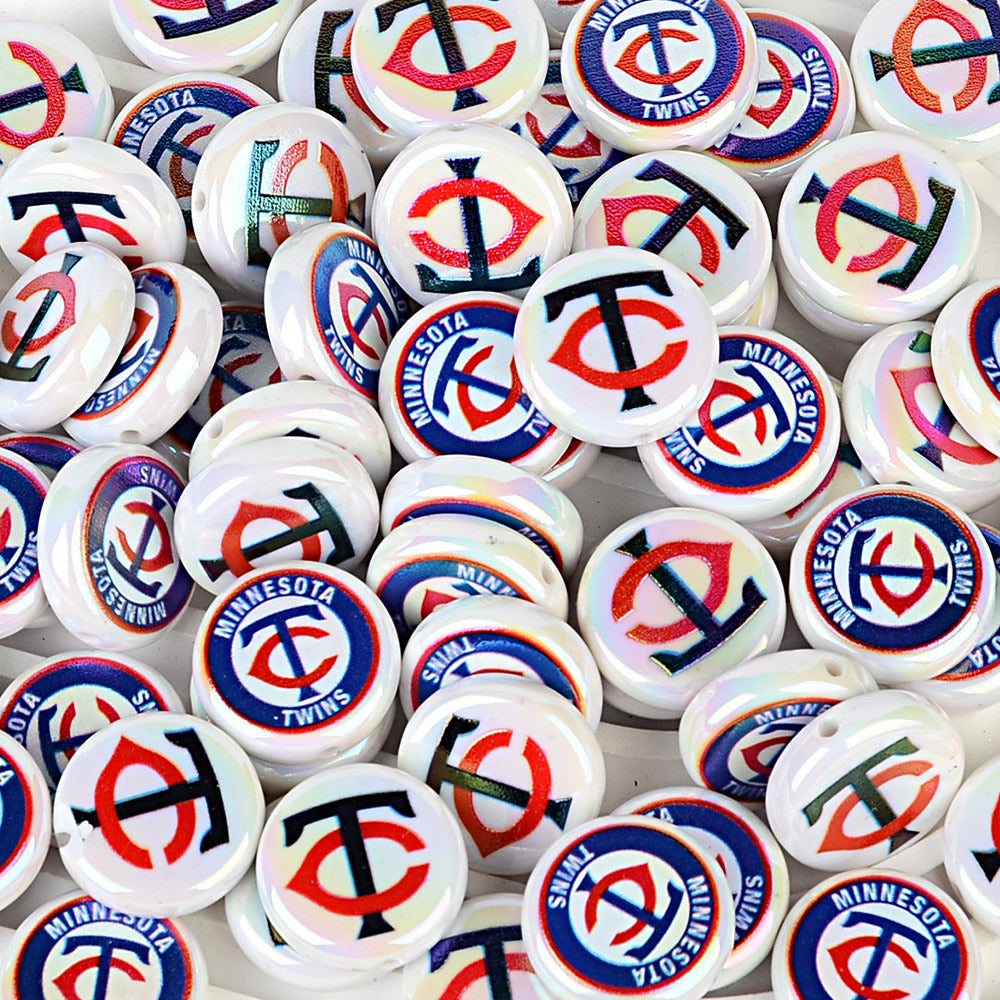 Large 24mm Baseball Team Logo Flat Round Beads - Iridescent AB Finish Coin | DIY Sports Fan Bracelet & Keychain Craft Bead