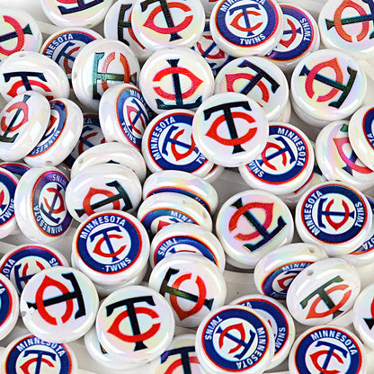 Large 24mm Baseball Team Logo Flat Round Beads - Iridescent AB Finish Coin | DIY Sports Fan Bracelet & Keychain Craft Bead