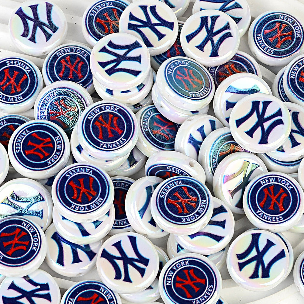 Large 24mm Baseball Team Logo Flat Round Beads - Iridescent AB Finish Coin | DIY Sports Fan Bracelet & Keychain Craft Bead