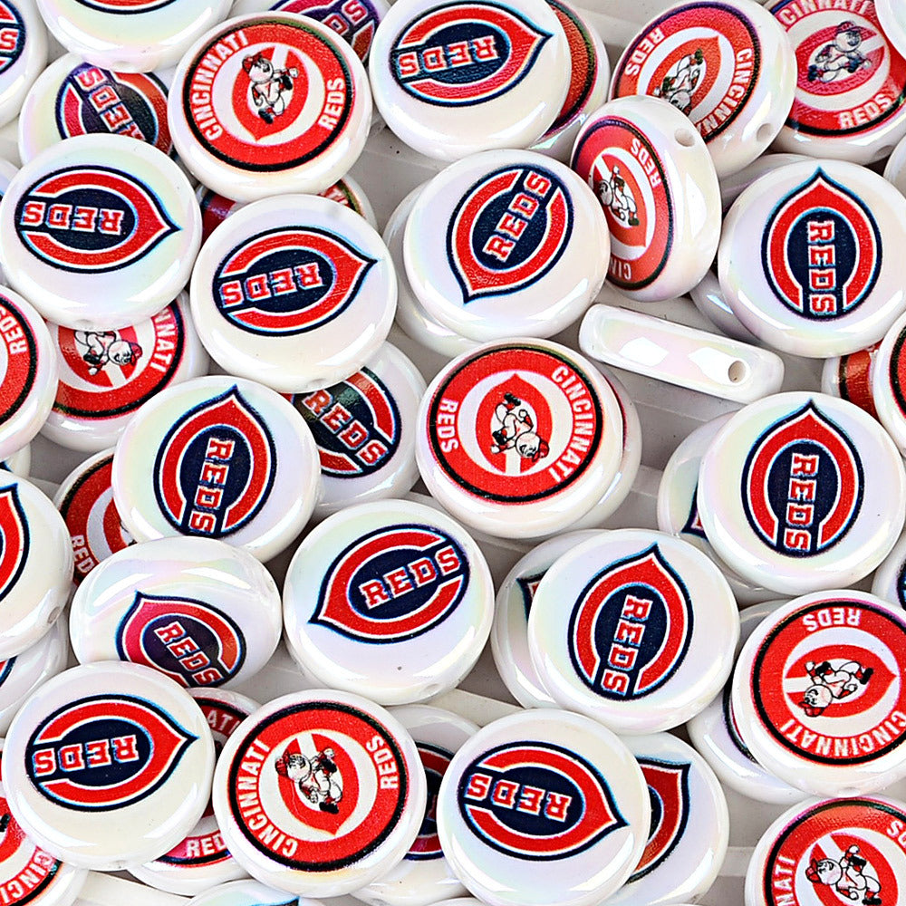 Large 24mm Baseball Team Logo Flat Round Beads - Iridescent AB Finish Coin | DIY Sports Fan Bracelet & Keychain Craft Bead
