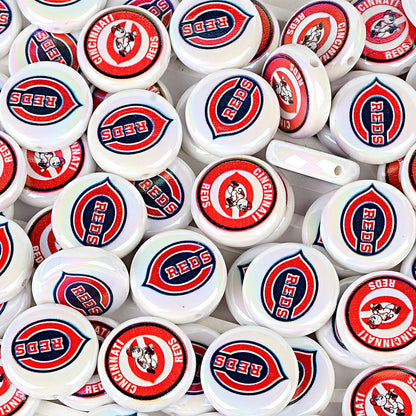 Large 24mm Baseball Team Logo Flat Round Beads - Iridescent AB Finish Coin | DIY Sports Fan Bracelet & Keychain Craft Bead